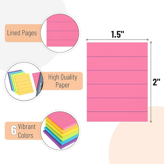 Mr. Pen- Lined Sticky Notes 1.5x2, 6 Pads, 60 Sheets/Pad, Vibrant Colors, Sticky Notes with Lines, Sticky Note Pads, Mr Pen Sticky Notes, Stocky Notes for Bible Journaling