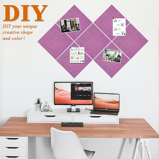 Large Square Felt Cork Board Tiles, Self Adhesive DIY Felt Bulletin Board with 35 Pushpins for Office School Home Wall Decor Stickers Memos Photos (Light Purple)