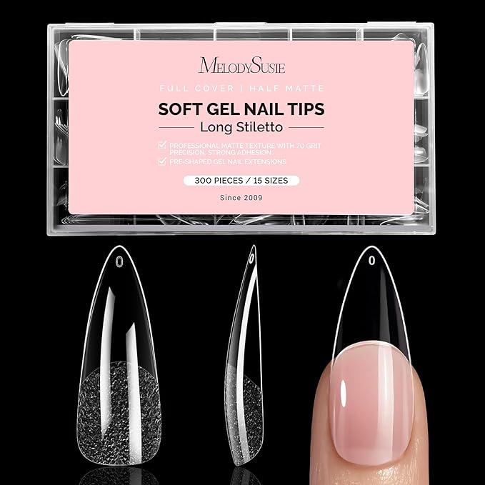 MelodySusie Stiletto X Nail Tips - 300Pcs 15 Sizes Clear Acrylic, Half Matte Full Cover Press on Nails for DIY Extension & Salon Use,Pre-Shaped for Long-Lasting Manicure