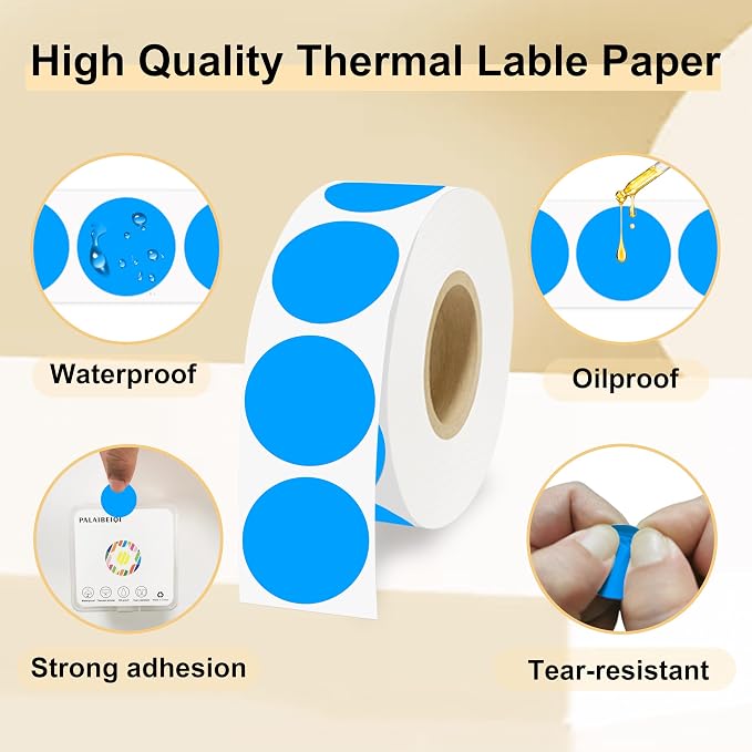 1 Inch Round Thermal Sticker Labels,Color Dot Stickers,Label Stickers,Waterproof,Oil Proof,for Thermal Printers,DIY,Office,Retail,Home and Warehouse Organization,1000 Pcs Fluorescent Blue