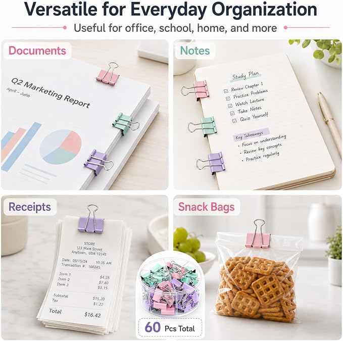 Binder Clips Assorted Sized, Metal Clips for Office, 120 Psc | 2 Box of Colored Paper clips and Binder Clips, Cute Office Supplies, Desk Accessories, Black, Pastel Color