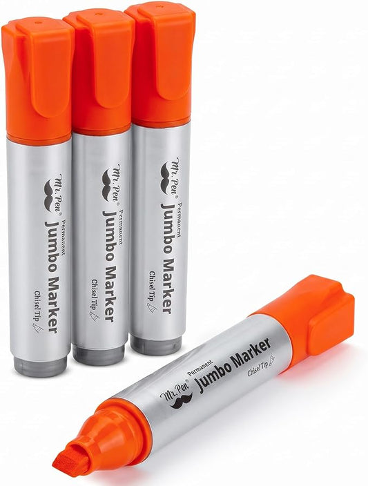 Mr. Pen- Jumbo Permanent Markers, 4 Pack, Orange, Chisel Tip, Wide Tip | Large, Thick Permanent Markers for Canvas, Posters Board, Fabric, Window, Glass, Wood, Waterproof, Quick Dry
