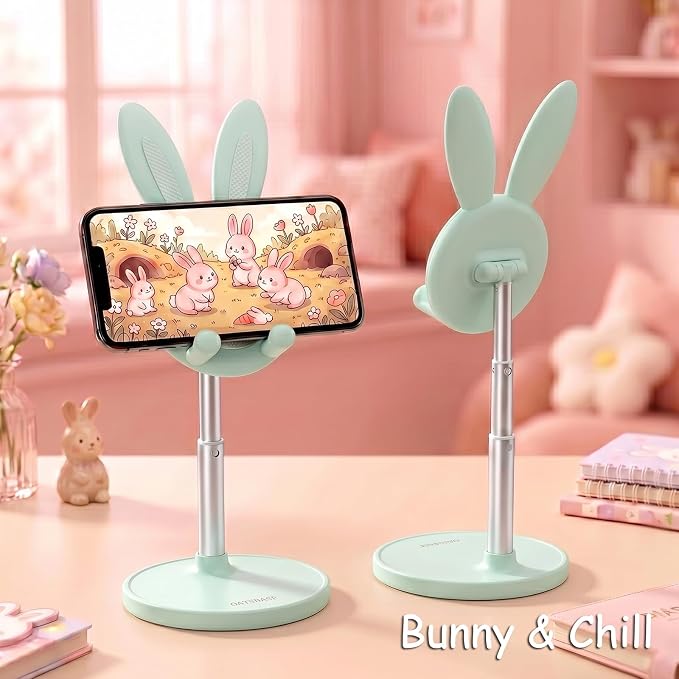 OATSBASF Cute Cell Phone Stand, Adjustable Bunny Phone Stand for Desk, Thick Case Friendly Holder Compatible with iPhone, Kindle, iPad, Switch, All Phones (Green) | Weighted Base Kawaii Desk Accessories, Aesthetic Room Decor Gift for Women/Girls/Kids, ...