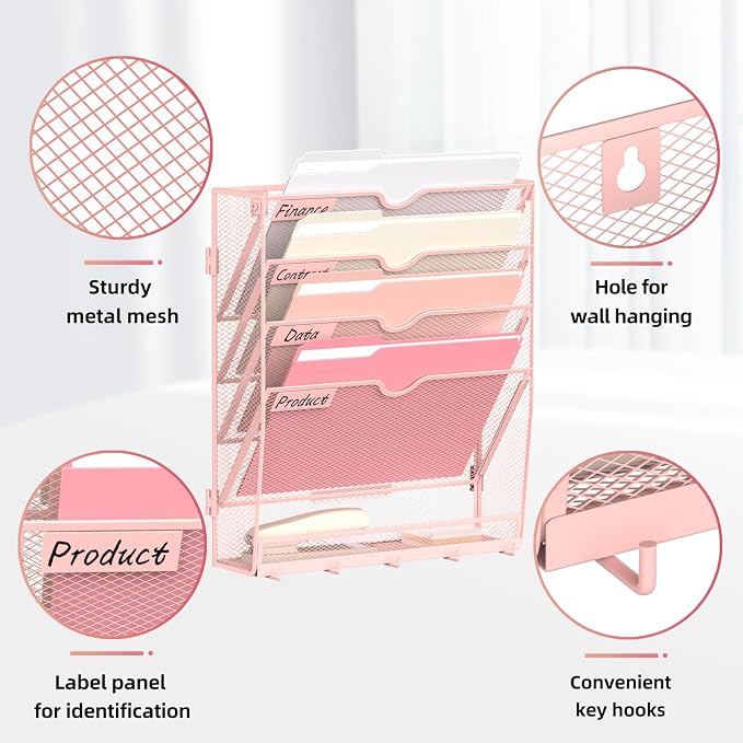 5-Tier Wall File Organizer and Mail Organizer with 5 Hooks, Pink | Label slots, curved openings, 5 key hooks, and a bottom tray support organized mail, file, and everyday item storage.