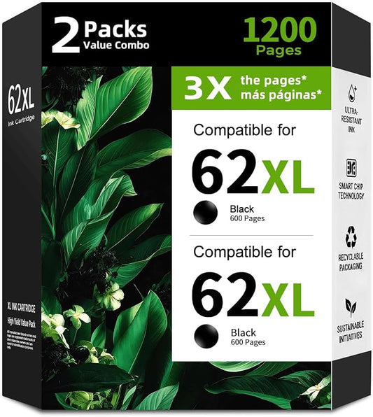 62XL Black Ink Cartridge 2 Pack Replacement for HP 62 XL HP62 HP62XL | High Yield Crisp Text for OfficeJet 250 200 5740 5745 8040 ENVY 5660 7640 5540 7645 8000 5640 5665 5741 5545 5542 Printer
