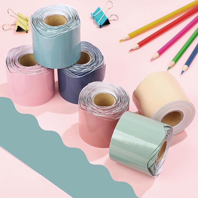240Ft Boho Bulletin Board Borders Colorful Classroom Border Trim Boho Scalloped Borders Stickers Rolled Boho Bulletin Board Decorations for Classroom School Home Office Chalkboard Decor, 6 Rolls