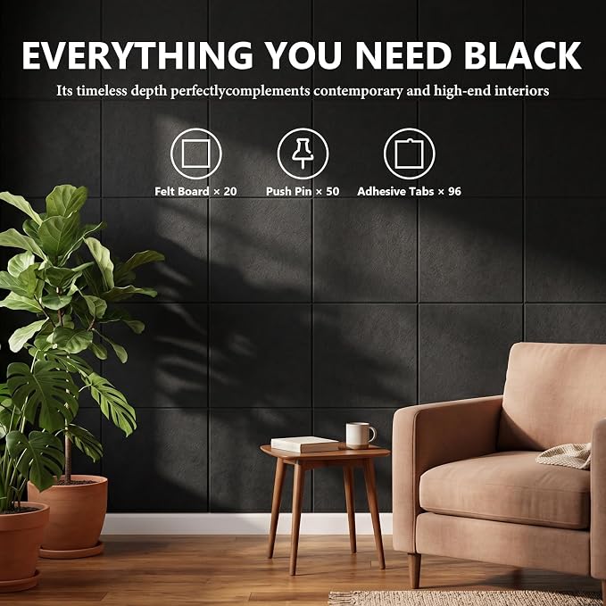 20 Pack Large Cork Board for Walls 60" x 48"(Black) | Felt Bulletin Board with Push Pins & Adhesive Tabs, Felt Wall Tiles Pin Board for Walls Home Office School Decor