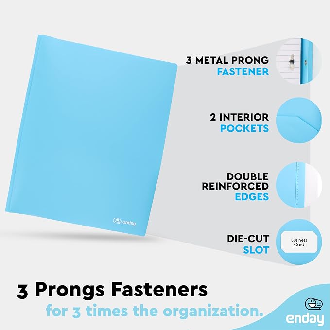 Plastic Folders with Pockets and Prongs Blue - Two Pocket Folder with Brads - 3 Prong Folders with Pockets for Letter Size Sheets, Also Available in Purple, Green, Red, Pink, and Grey, 1 Pc –by Enday