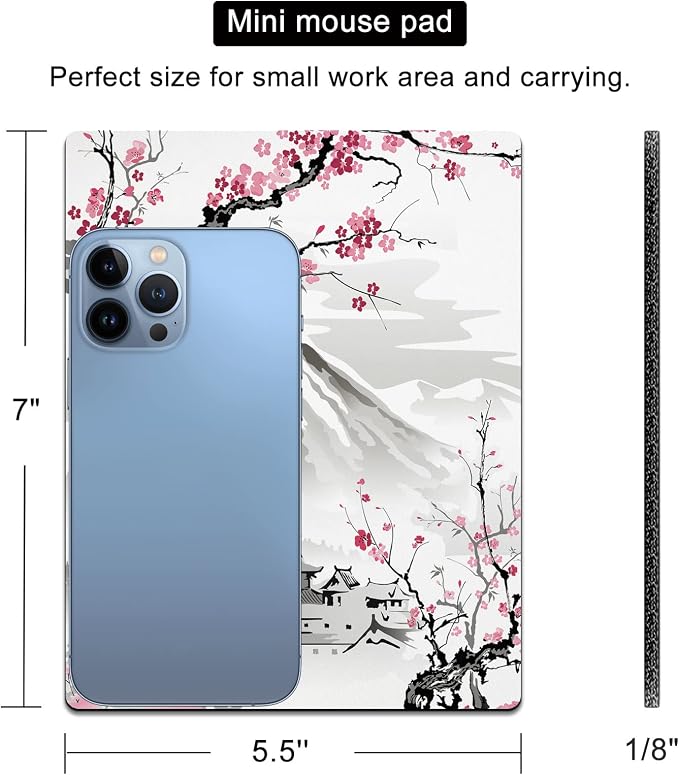 Small Mouse Pad Cute, Mini Mouse Pads for Wireless Mouse and Laptop, Travel Mousepads with Designs - Japanese Cherry Blossom/Sakura, Portable Mousepad with Non-slip Rubber Base - 5.5 x 7 Inch