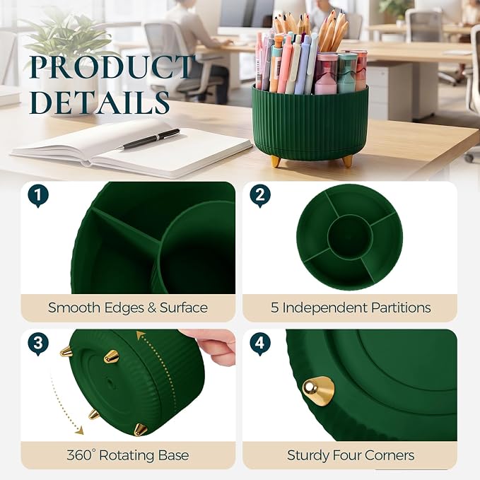 KONVINIT Pencil Pen Holder for Desk, 5 Slots 360-Degree Rotating Desktop Organizer, Cute Desk Organizers and Accessories for School, Home, Office and Art Supply, Dark Green