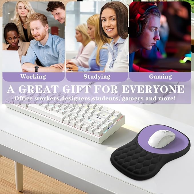 Ergonomic Mouse Pad with Wrist Support, Memory Foam Mousepad with Massage Design, Wrist Rest Mouse Pads for Carpal Tunnel Pain Relief, Non-Slip PU Base for Office Desk/Gaming (Black+Purple)