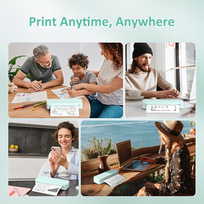 Inkless Portable Printer for Travel, Wireless Thermal Printer Supports 8.5 x 11 Inch Thermal Paper, Bluetooth Machine Includes Carry Case and 3 Rolls of Paper Kit, Green