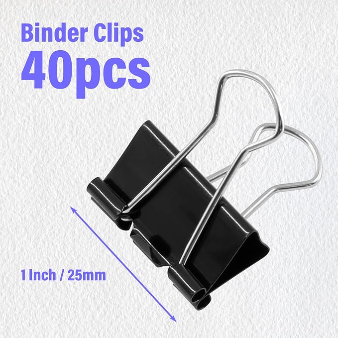 40 Pack 1" Black Binder Clips, 12mm Capacity Metal Office Clamps | Metal Paint-Plated, 25mm Wide 12mm Capacity, For Paper Document Photo Album School Office Home