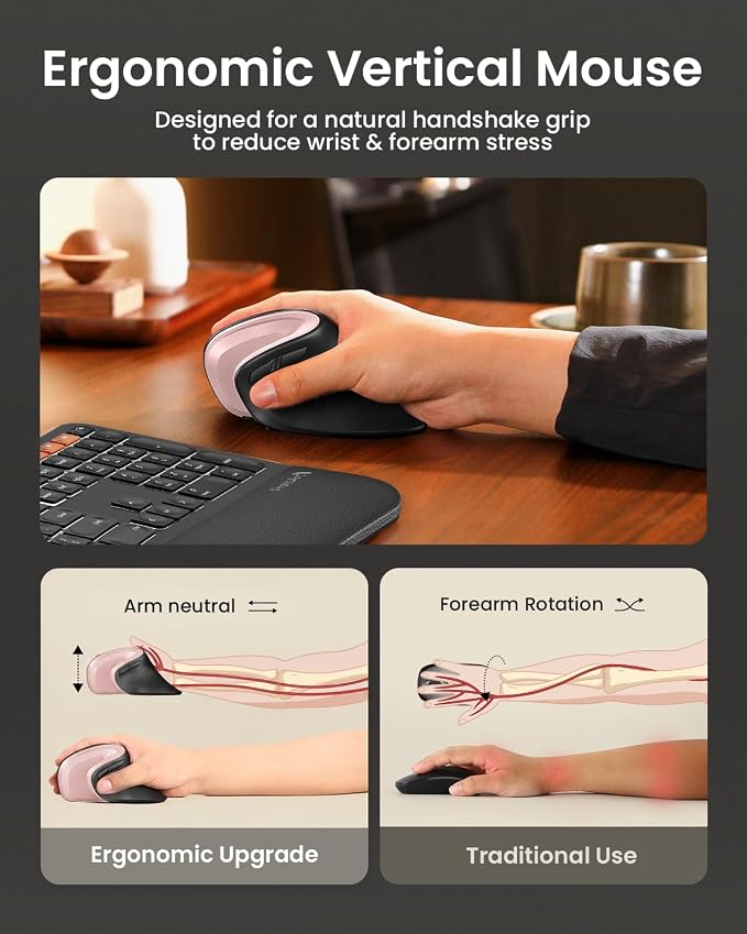 ProtoArc EM11 NL Wireless Ergonomic Mouse, Rechargeable, Black Pink | 58° vertical design supports a natural wrist posture, connect 3 devices via Bluetooth/2.4G USB-A, 500mAh USB-C rechargeable.
