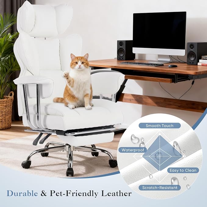 DUMOS Big and Tall Home Office Desk Chair, Executive Chair with Footrest | Scratch-Resistant PU Leather, Ergonomic Reclining, Pocket Spring Support, 400 LBS Weight Capacity, White