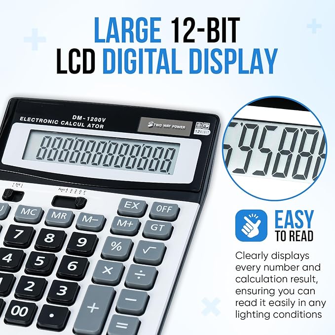 12-Digit Desktop Calculator with Large Screen and Big Buttons, Solar/Battery Dual Power for Office, Home, School and Business Use