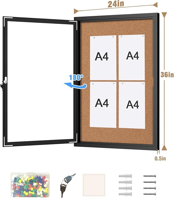 Mifuro 36"x24" Enclosed Bulletin Board, Outdoor Lockable Weather-Resistant Aluminum Cork Noticeboard for School & Office Hospital, Black Frame w/Cork