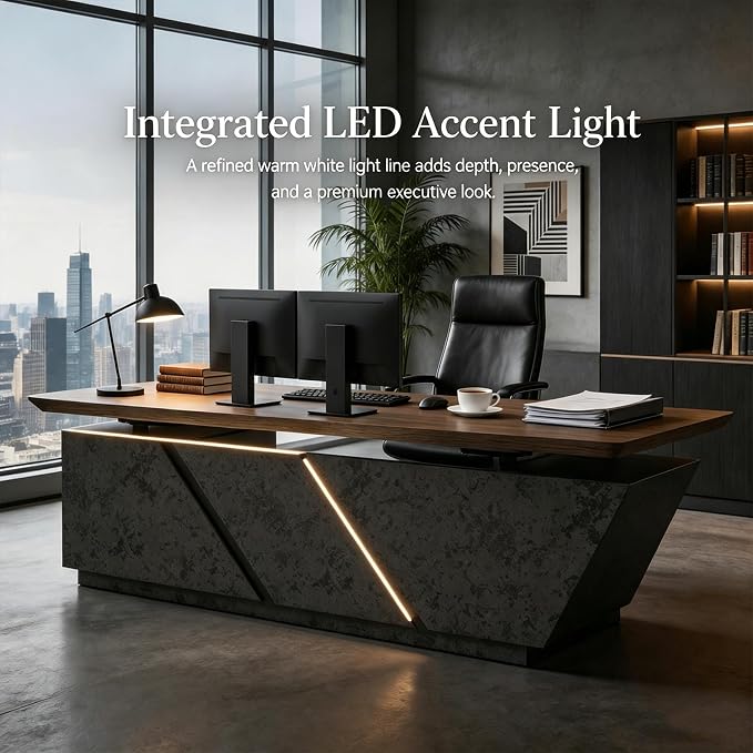 SAINTCY Adjustable Executive Desk - Luxury L Shaped Desk with Drawers, Large Table with File Cabinets, Executive Office Desks with LED Light Strip Home Office Desk for Professionals