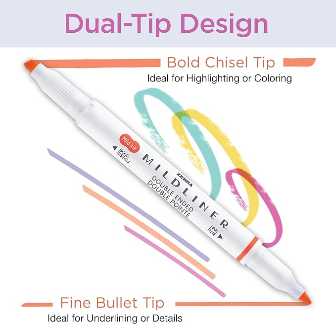 Zebra Pen MILDLINER No Bleed Highlighter, Assorted, Dual Tip, 5-Pack | Broad and Fine Point Tip Marker Set, Ideal for Bible Highlighting, Journaling, School, Teacher and Office Supplies (78105)