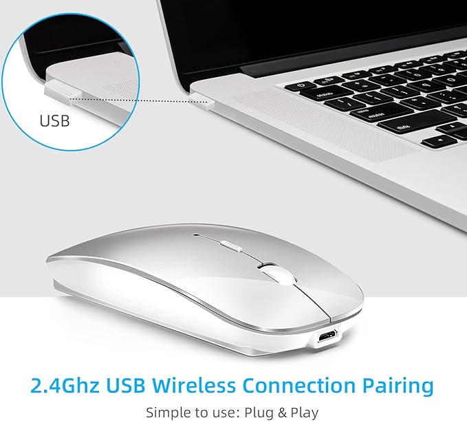 Wireless Mouse for Laptop, Bluetooth Mouse for MacBook Pro/Air/Mac/iPad/Chromebook/Computer -Rechargeale Dual Mode(USB 2.4Ghz + Bluetooth 5.2) Silent Cordless Mice with USB C Adapter,Silver