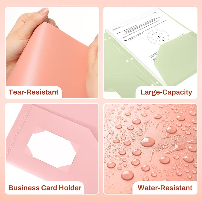 SUNEE 3 Hole Folders with Pockets (6 Pack, Vintage Colors) Plastic Folders for 3 Ring Binder, Heavy Duty Binder Folder for Document for School, Students, Teachers, Office Staf