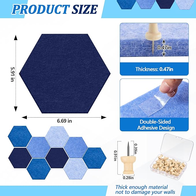 16 Pcs Hexagon Cork Board for Walls with 50 Wooden Push Pins 6.7 x 5.9 in Felt DIY Tiles Notice with Nano Tape Hanging Bulletin Board for Home Photo Office Memo Note(Ocean)