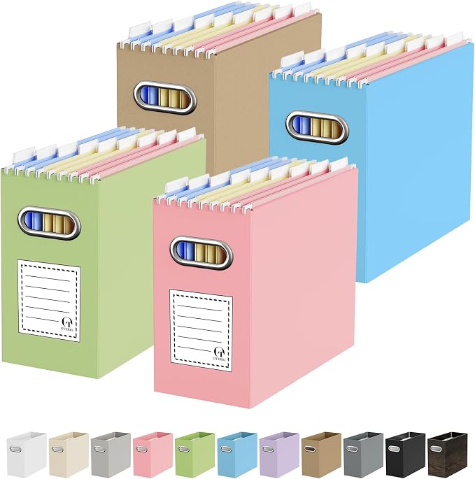 Portable Collapsible Cardboard File Box with Handle for Letter-Size | 4-Pack. Stainless Steel Handle. Label Stickers Included. Fits Letter Folders (Not Included). Home, Office, School, Dorm, Tax.