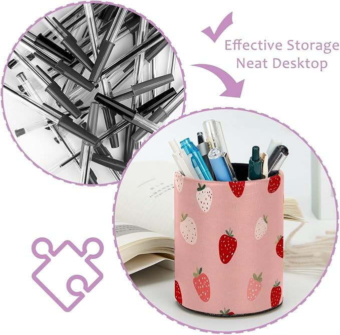 Leather Pen Holder for Desk, Cute Strawberries Print Pencil Cup Pen Organizer Makeup Brush Holder for Office Home Kids Countertop Desk Accessory Storage