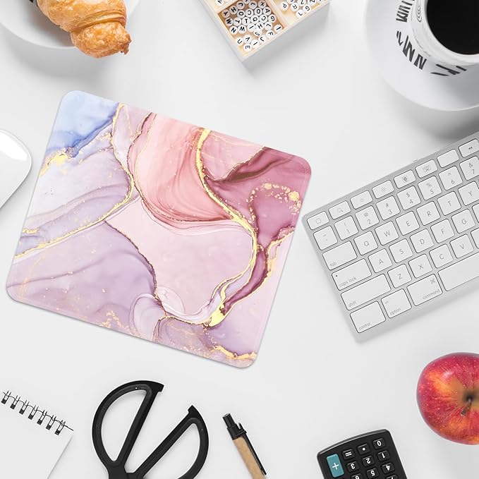 Mouse Pad with Stitched Edges - Elegant Marble Mousepad for Women, 9.25 x 7.75 inch Washable Square Desk Pad, Non-Slip Rubber Base, Office Home Laptop Accessories - Rose Marble