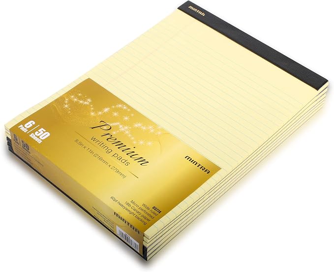 Mintra Office Canary Legal Pads - Premium Quality Heavyweight Paper With Micro-perforated sheets, Smooth-lined paper, Ideal for Office Tasks, Assignments or Notes, Meetings, and Journaling, 6 pack WIDE RULED, Yellow Paper, Premium Writing Pad, 8.5"x11"