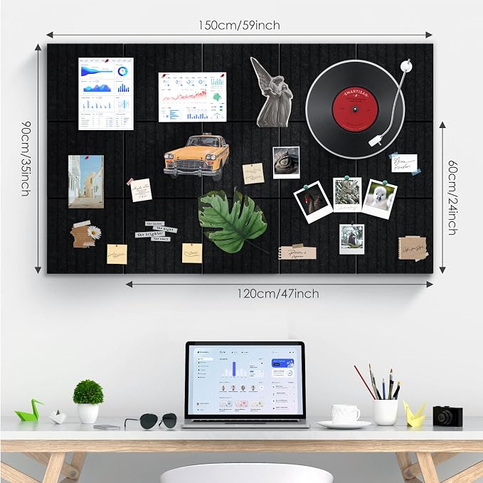 Large Bulletin Board 59" X 36" Cork Boards for Wall Alternative 15 Pack Black Fine-Stripe Felt Bulletin Board 96 Safe Adhesive 35 Push Pins for Office School Home Room Decor