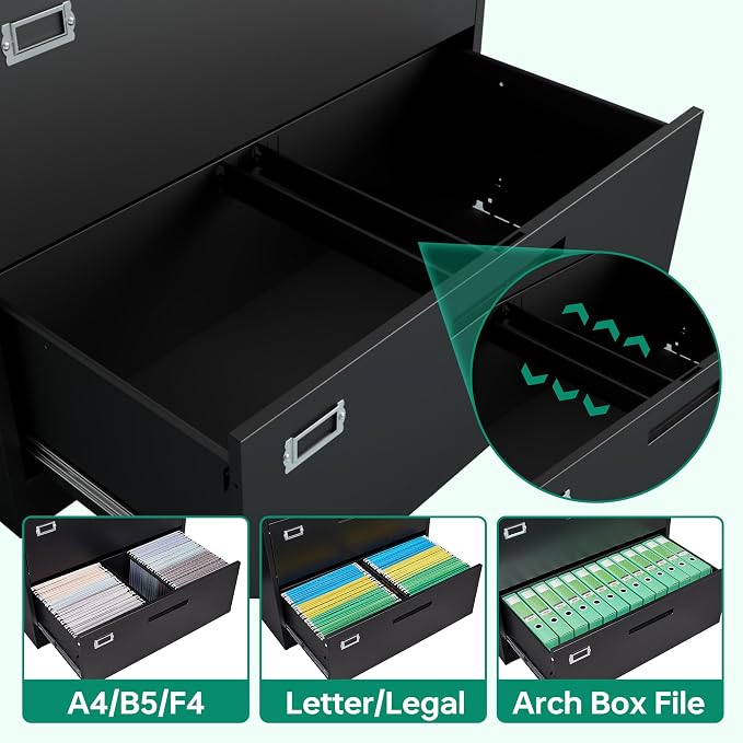 5 Drawer File Cabinet with Lock,Metal Lateral Filing Cabinets for Home Office Hanging Files Letter/Legal/F4/A4 Size(Black-Requires Installation)