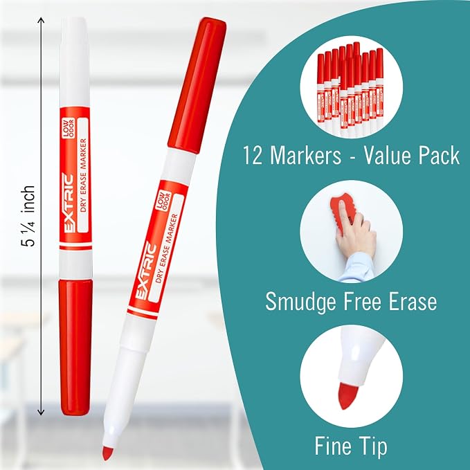EXTRIC Red Dry Erase Markers Fine Tip 36 PK Whiteboard Markers | Use: School, Classrooms, Offices, Color: Vivid Red Ink, Tip Style: Fine Tip, Feature: Low-Odor and Non-Toxic