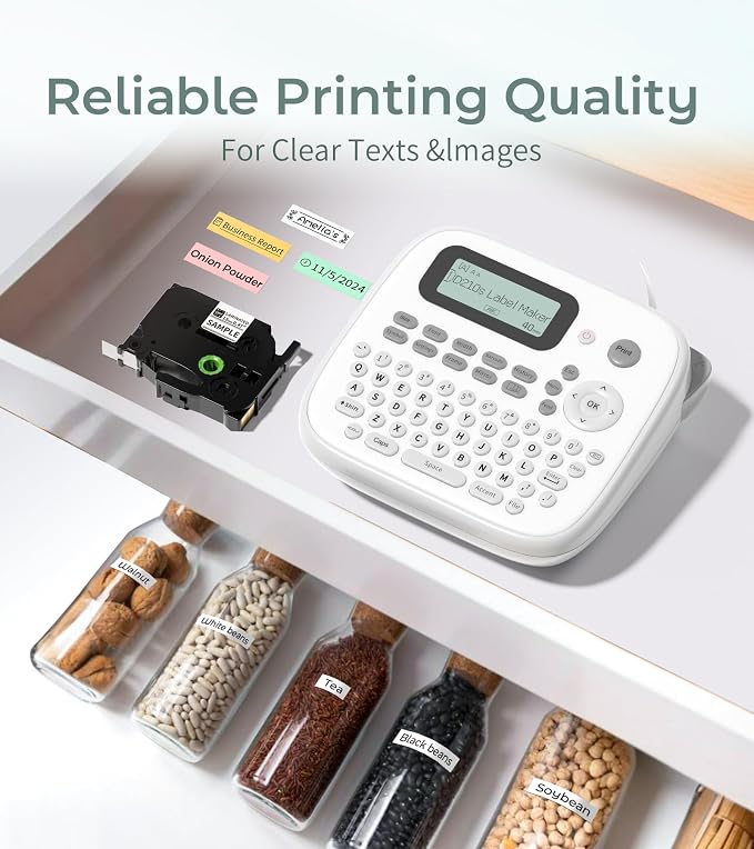 Label Maker Machine with 4 Tapes, D210s Waterproof Labelmaker | Waterproof Removable Freezer Food-Labels for Jar, One-Touch Keys & Bold Fonts, Replace for Brother Ptouch Label Maker Machine