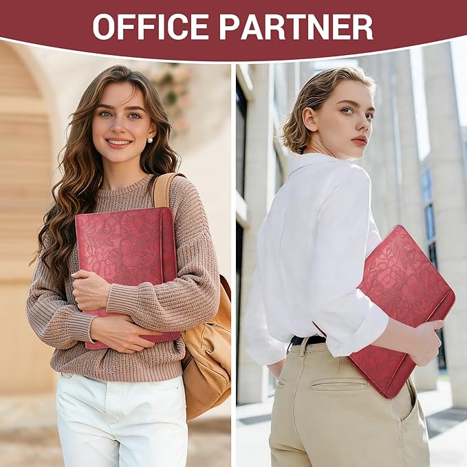 Western Embossed Faux Leather Zippered Padfolio with 3 Ring Binder, Executive Portfolio Organizer Binder for Women, Fits 13.9" Laptop/Tablet, Refillable Writing Pad Pocket, Red