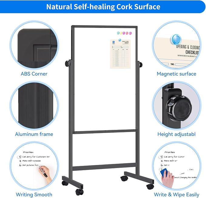 Maxtek Rolling White Board 48 x 32in,Height Adjustable Whiteboard on Wheels | Mobile Easel Large Magnetic Portable Double-Sided Dry Erase Board with Stand for Classroom, Home, School, and Teachers（Black)