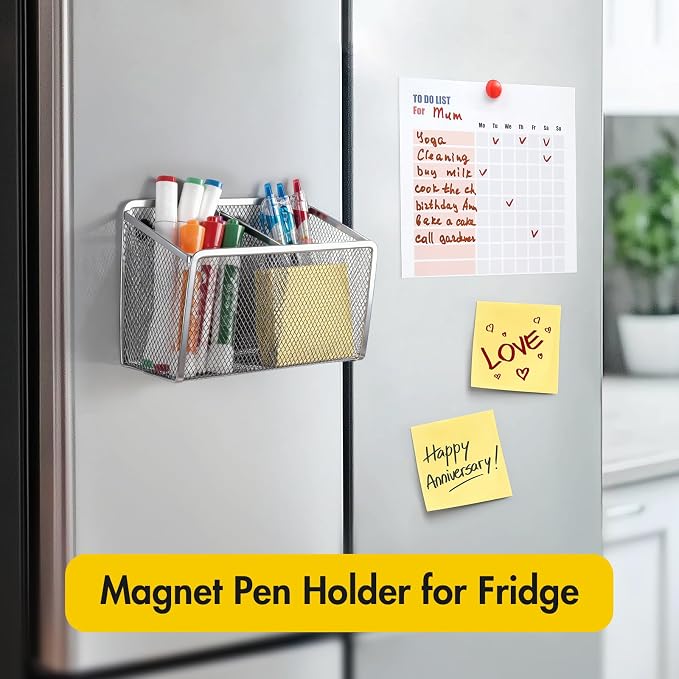 BEYGORM Magnetic Dry Erase Marker Holder for Whiteboard, Locker Organizer | Mesh Non-slip Pen & Pencil Holder for Refrigerator, Basket for Classroom, School &Office (Silver, 1-Pack)