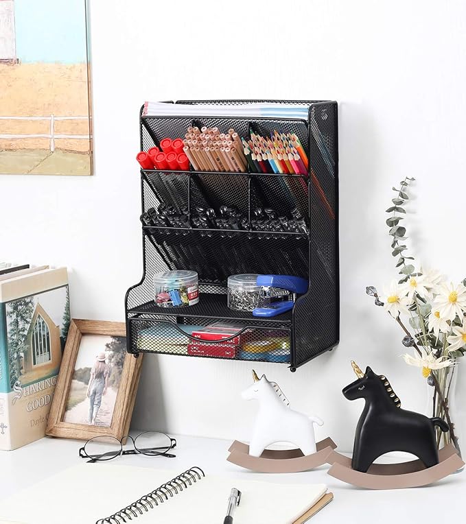 PAG Desk Organizer with Drawer Office Supplies and Accessories Storage Caddy Hanging Wall Shelf Metal Mesh Pencil Holder for Kids, 9 Compartments, Black