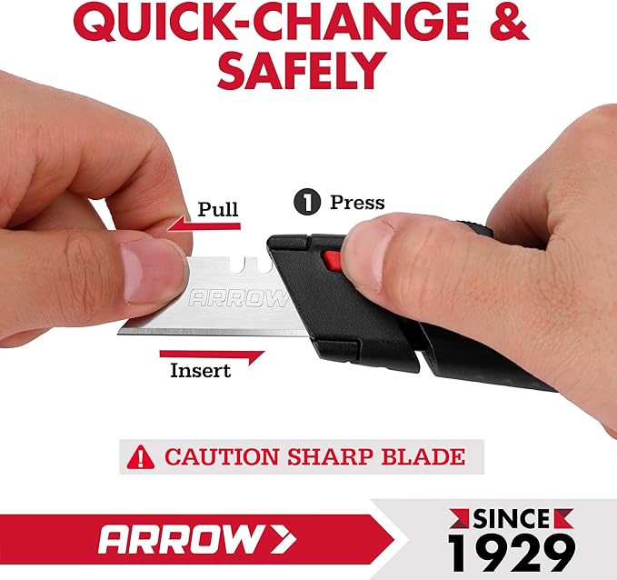 ARROW Retractable Box Cutter, Quick Change Utility Knife with Blade Storage Design, Heavy Duty Aluminum Razor Knife, Twine Cutter, 3 Extra SK2 Blades Included