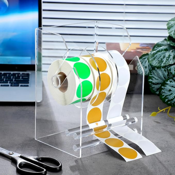 Geosar 2 Pcs Adjustable Label Dispenser 3 Disks Sticker Roll Holder Sticker Dispenser Clear Label Roll Holder Acrylic Tape Organizer Stand for Office Home Desktop