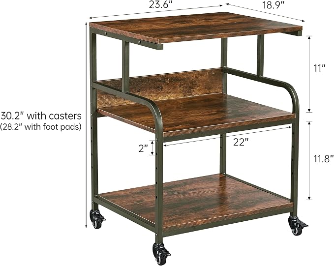 Fannova Large Printer Stand Table with Height Adjustable Storage Shelf | 23.6"x18.9"x30", Metal Frame, Industrial Wheels, 3 Tier Rolling 3D Printer Cart for Home Office Organization, Rustic Brown
