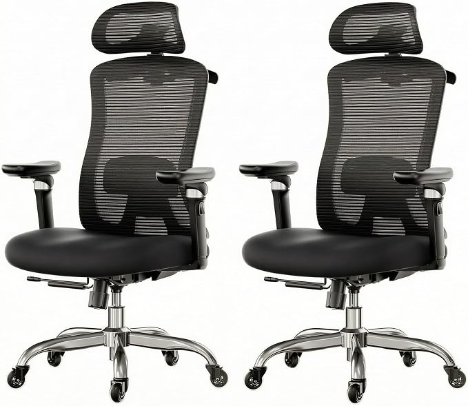 HUANUO Ergonomic Office Chair with 6D Armrest, Seat Depth Adjustment, Lumbar Support, Quiet Rubber Caster, High Back Mesh Gaming Chair with 3D Headrest, Big and Tall Chair for Home Office, Pack of 2