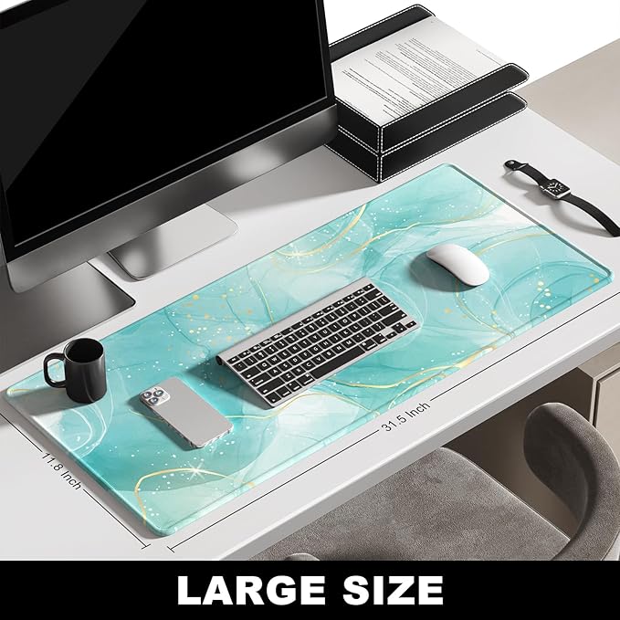 BOSOBO Desk Pad, XXL Gaming Mouse Mat, Desktop Full Cover, Art Gold Teal Marble