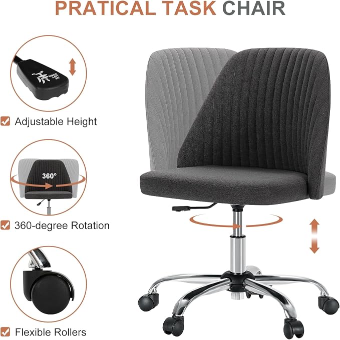 DUMOS Home Office Chair, Comfy Desk Chair with Rolling Wheels | Armless Height Adjustable, Wide Seating, Vanity Swivel Task, Bedroom Student Adults, Graphite