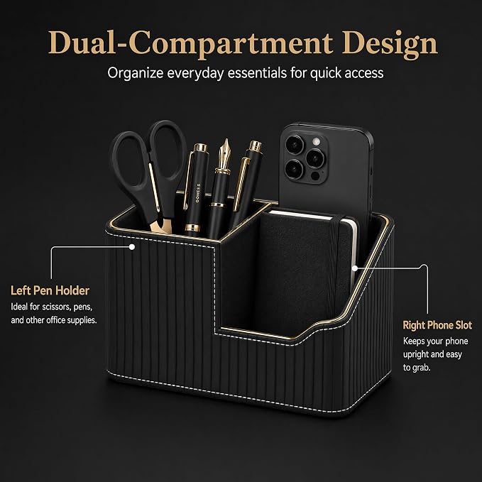 Luxury Black PU Leather Desk Organizer with Gold Trim, Premium Pen Holder for Desk Accessories, Modern Office Supplies Organizer for Home Office Desk Decor