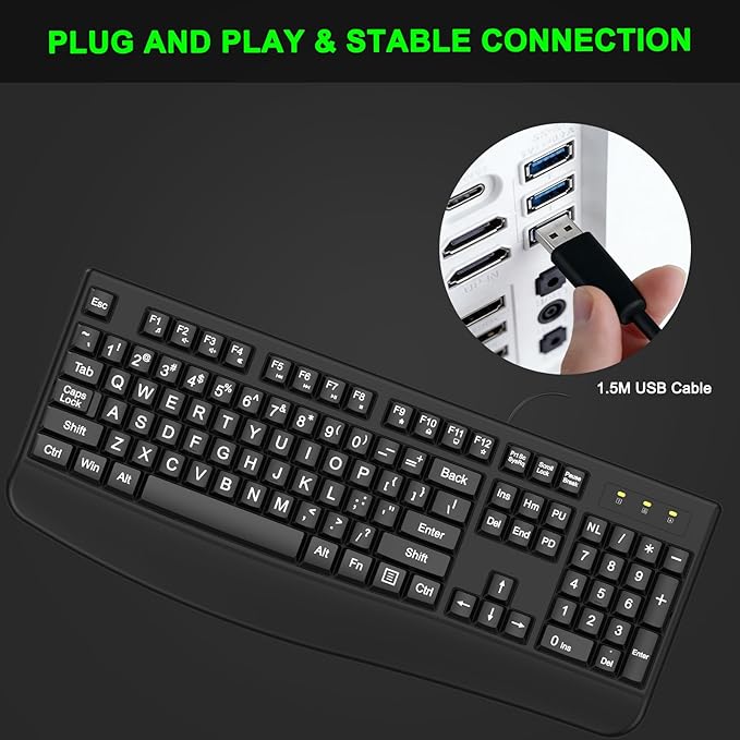 Large Print Keyboard, 2.4G Full-Sized Ergonomic WiredComputer Keyboard with Wrist Rest for Windows, Mac OS Laptop/PC/Desktop/Notebook(Large Print Black)
