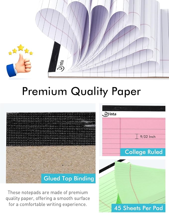 Dynta 24pcs Small Legal Pads 5x8 Note Pads for Writing | Office Supplies, Multicolor, 80GSM Heavyweight Paper, 45 Sheets Per Notepad, Perforated