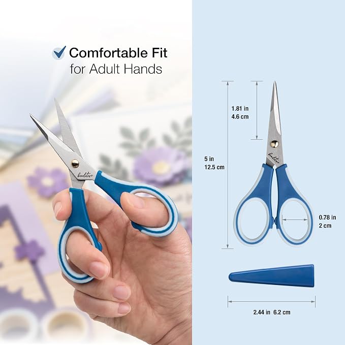 Precision Craft Scissors - Ultra Sharp Stainless Steel Blades & Non-Slip TPR Handles - Adult & Kid Scrapbooking Scissors With Safety Cap For Home, Office, School (Blue)