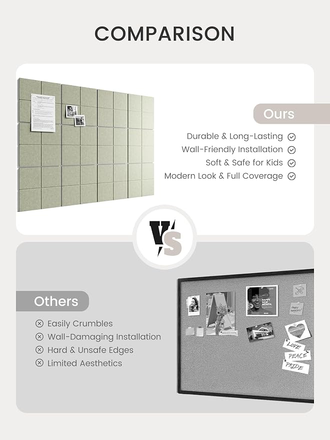 Bumusty 48" x 36" Large Cork Board Alternative, Sage | 12-Pack Felt Bulletin Board Tiles, 60 Adhesive Tabs, 30 Pushpins, Home, Office, Classroom, Vision Board