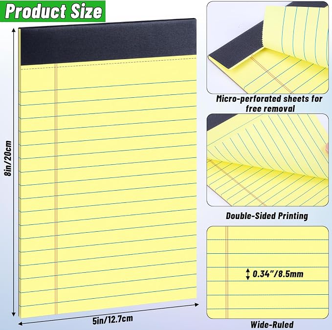 48 Pack Legal Pads 5 x 8 Inch Yellow Notepads College Ruled Writing Pads | Perforated Memo Pads with Lined Paper for Office, School and Home; Great for Notes, Lists, Planning and Daily Writing